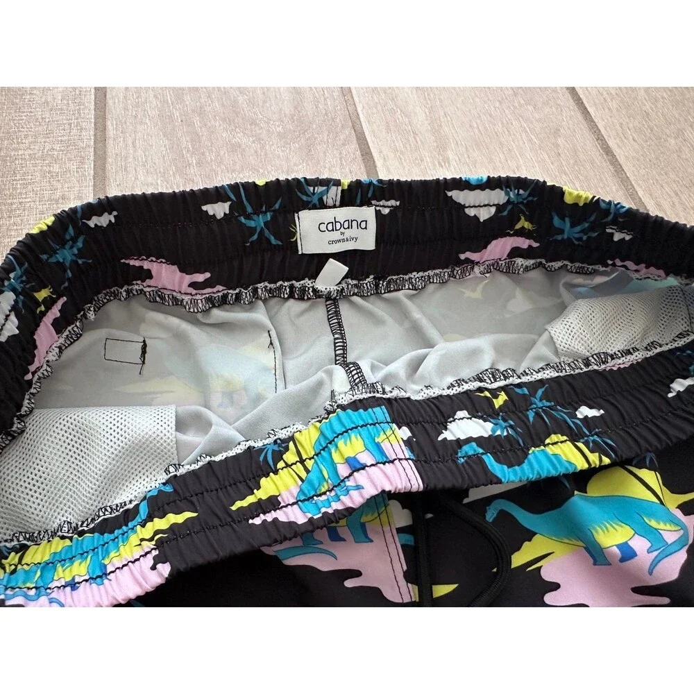 Cabana by Crown & Ivy Men's Dinosaur Swim Trunks Size Large Navy Liner Cut Out
